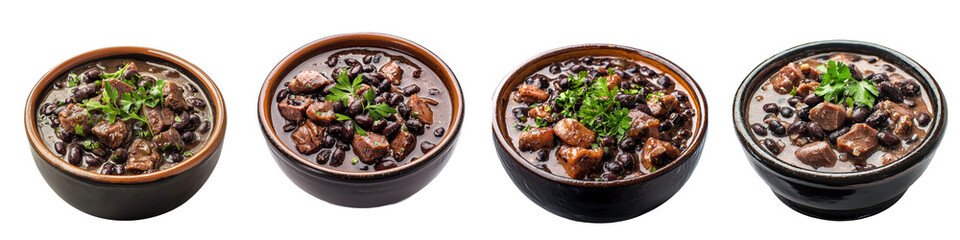 A bowl of traditional Brazilian feijoada with black beans and pork. isolated on transparency background