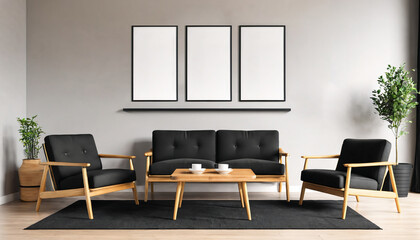 Modern minimalistic living room design with black couch.. Mockup frame on the wall. Interior design concept.
