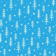 Small white christmas trees and snowflakes isolated on blue background. Cute monochrome seamless pattern. Vector simple flat graphic hand drawn illustration. Texture.