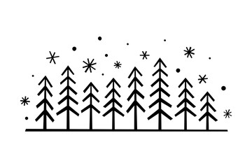 Fir trees and snowflakes. Black silhouette. Horizontal front view. Vector simple flat graphic hand drawn illustration. Isolated object on white background. Isolate. Texture.