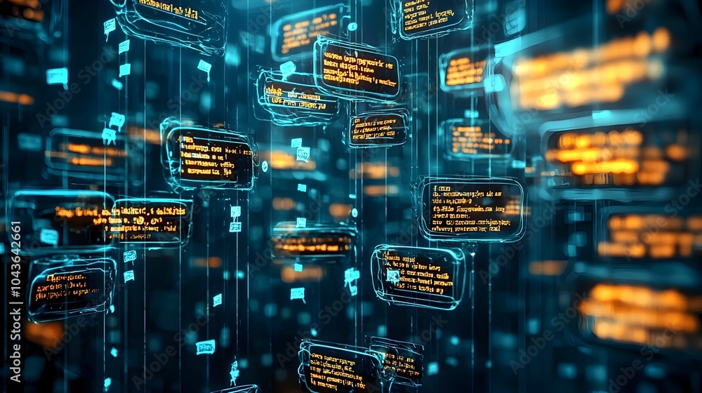 Poster transparent floating chat bubbles containing unwanted digital messages and threats representing the 