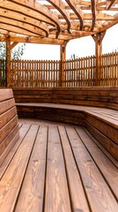 Obraz premium Wooden gazebo interior with benches and natural light.