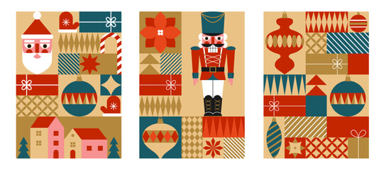 Set of Christmas greeting cards with geometric elements and christmas decoration. Template for winter holidays design. Vector illustration