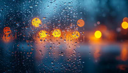 Raindrops on window, wet night, nature reflection, dusk generated by AI