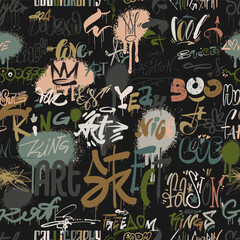Seamless pattern with street wall graffiti tags art. Seamless urban typography hipster street art graffiti wall slogan pattern. Cool hip hop vector design. Vector illustration.