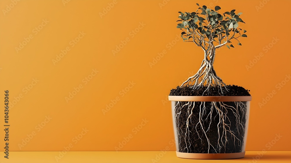 Poster transparent x ray view of a plant pot showing the intricate intertwining of plant roots within the s