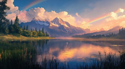 Fototapeta premium Calm lake reflecting the sky, with tall grass, trees, and a rainbow stretching over a majestic mountain range