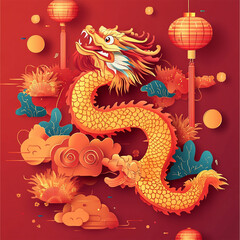 Obraz premium Chinese New Year 2024 set of modern backgrounds for branding cover, poster, banner. Greeting card with watercolor illustration Chinese zodiac Dragon symbol.Chinese translation: Happy Chinese New Year.