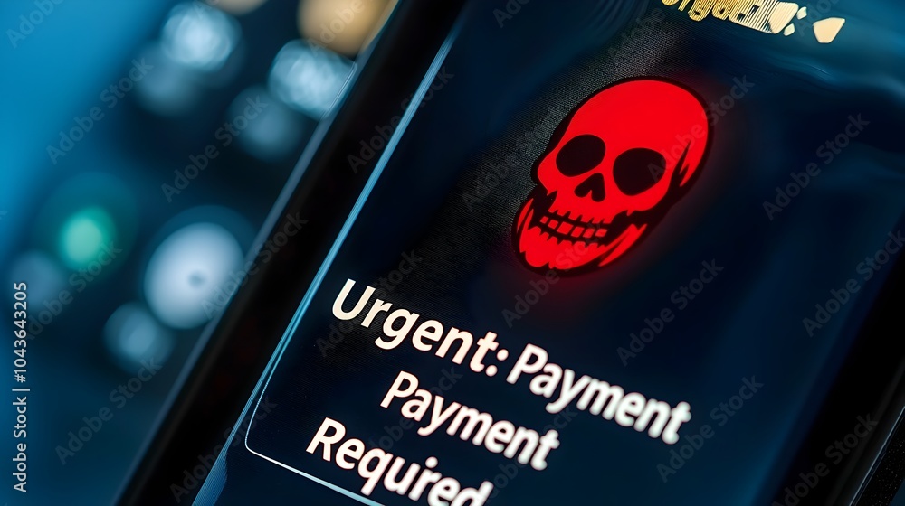 Poster urgent payment required notification displayed on mobile phone screen transforming into ominous red 