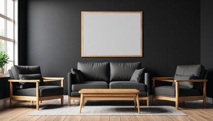 A stylish waiting room featuring a cozy armchairs, a framed mockup for artwork on the wall. Modern design