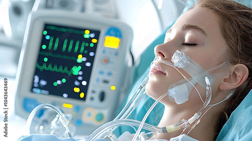 Poster ventilator tubing connected to a patient monitoring device displaying vital signs and medical data i