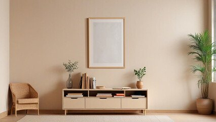 Beige wooden living room interior with drawer minimalist decoration. A blank mockup copy space canvas, art room