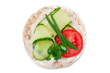 Vegan Rice Cake Sandwich with Fresh Tomato, Cucumber and Greens - Isolated on White Background. Vegetarian Diet Food. Quick and Healthy Sandwiches. Crispbread with Fresh Fillings. Dietary Snack