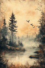 Serene misty landscape with tall pines and birds flying over calm waters at dawn in a tranquil nature scene