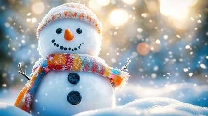 Snowman wearing a scarf and hat enjoying the snowfall
