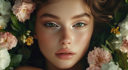 Naklejka premium A close-up portrait of an attractive woman with flawless skin and green eyes, surrounded by blooming flowers, symbolizing natural beauty products