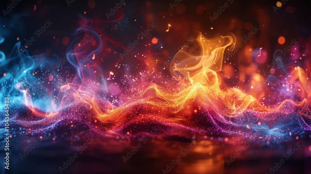 Poster a musical performance with notes and tones depicted as colorful pulsating waves highlighting the con