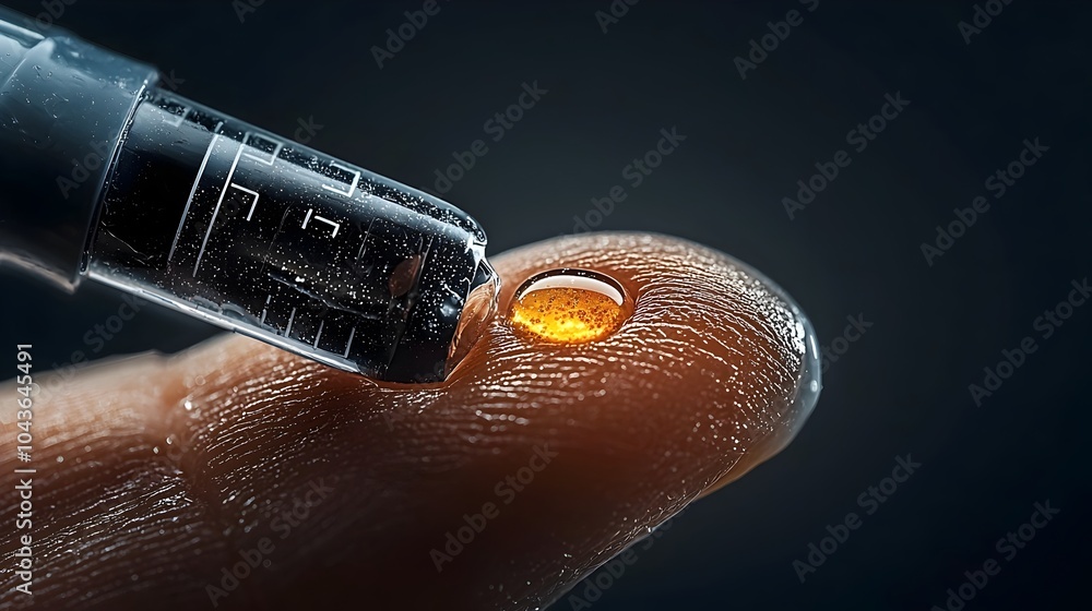Aufkleber close up image of a small droplet of liquid on a human fingertip captured after a glucose testing procedure