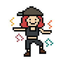 Obraz premium Cute cartoon pixel character cute woman exercises training dance lifestyle music decoration life style 8 bit female girl dance with music game fitness isolated PNG vector.