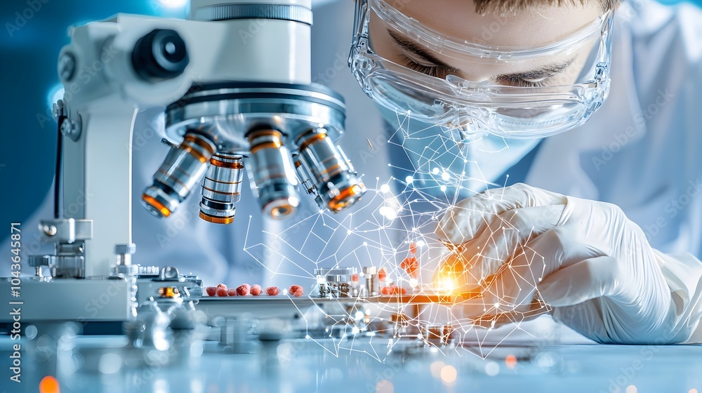 Poster close up view of various scientific testing equipment and devices being used to examine and analyze 