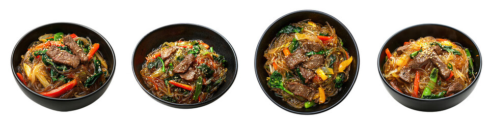 A black bowl of japchae with stir-fried glass noodles, beef, and vegetables. isolated on transparency background
