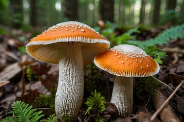 Fototapeta premium White and orange cap mushrooms growing in the woods.