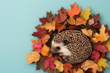 A cozy hedgehog nestled in a vibrant array of autumn leaves against a turquoise background.