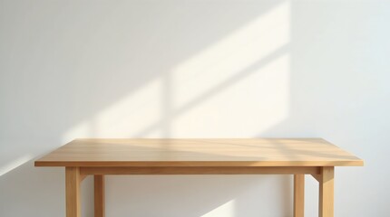 Fototapeta premium Empty Wooden Table with Bright White Interior – Minimalist Background for Product Display and Branding 