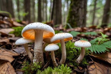 White and orange cap mushrooms growing in the woods.