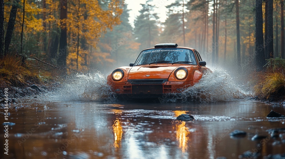 Poster in a scenic forest, an orange car aggressively navigates through a stream, sending splashes of water