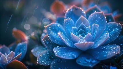 Minimalist design featuring dew drops on a blue succulent plant, emphasizing simplicity and natural beauty.
