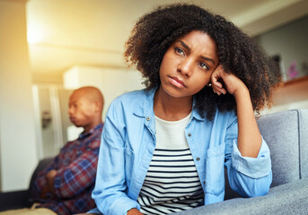 Home, couple and arguing in living room on sofa for disagreement, problems and unhappy....