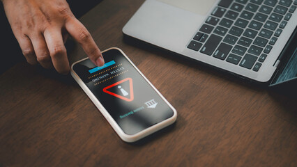 Emergency warning alert alarm on Smartphone, Data network protection, mobile cybersecurity or a...