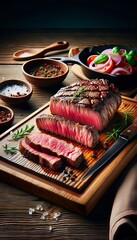 Grilled top sirloin or cup rump beef meat steak on marble board. Black background.