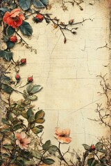 Naklejka premium Elegant floral border design featuring roses and leaves on a vintage textured background perfect for invitations and stationery