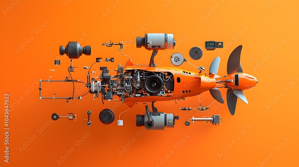 Poster Cross Section Diagram Showcasing the Internal Structure and Components of a Futuristic Drone Highlighting its Advanced Technological Features