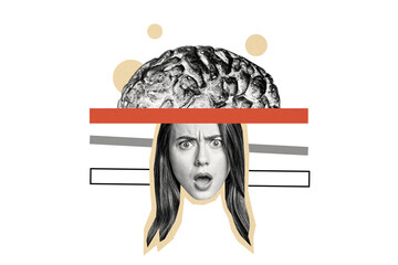 Composite photo collage of astonished girl open mouth big brain organ consciousness core intellect isolated on painted background