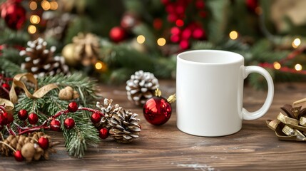 Empty Coffee Mug on Rustic Christmas Table