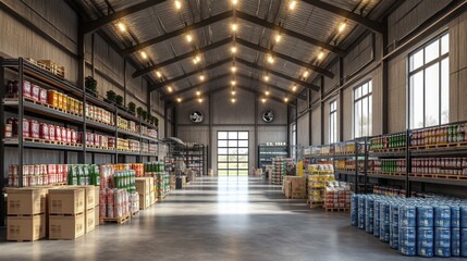 Fototapeta premium Large empty warehouse with shelves stocked with goods.