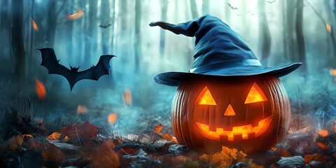 Halloween Pumpkin with Witch Hat and Bats in Forest Backdrop Raster Illustration