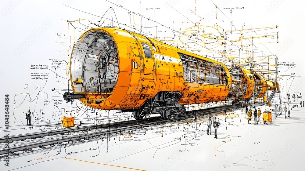 Poster cut through view of a bustling metro station platform revealing the intricate infrastructure of rail