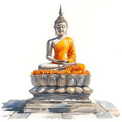 Fototapeta premium Watercolor Painting of Buddha Statue Sitting on a Lotus Flower.