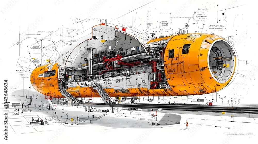 Poster Cut through view of a metro station platform showing rail tracks electrical wiring and escalators that facilitate efficient public transportation and urban infrastructure in a modern