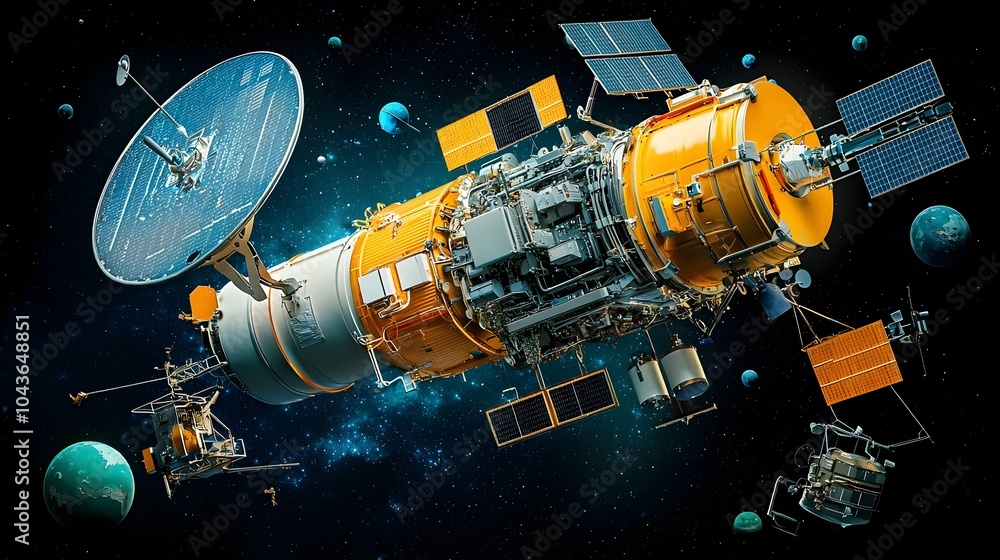 Aufkleber cut through view of a space satellite revealing its internal components such as communication module