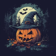 Halloween Pumpkin with Witch Hat and Bats in Forest Backdrop Raster Illustration