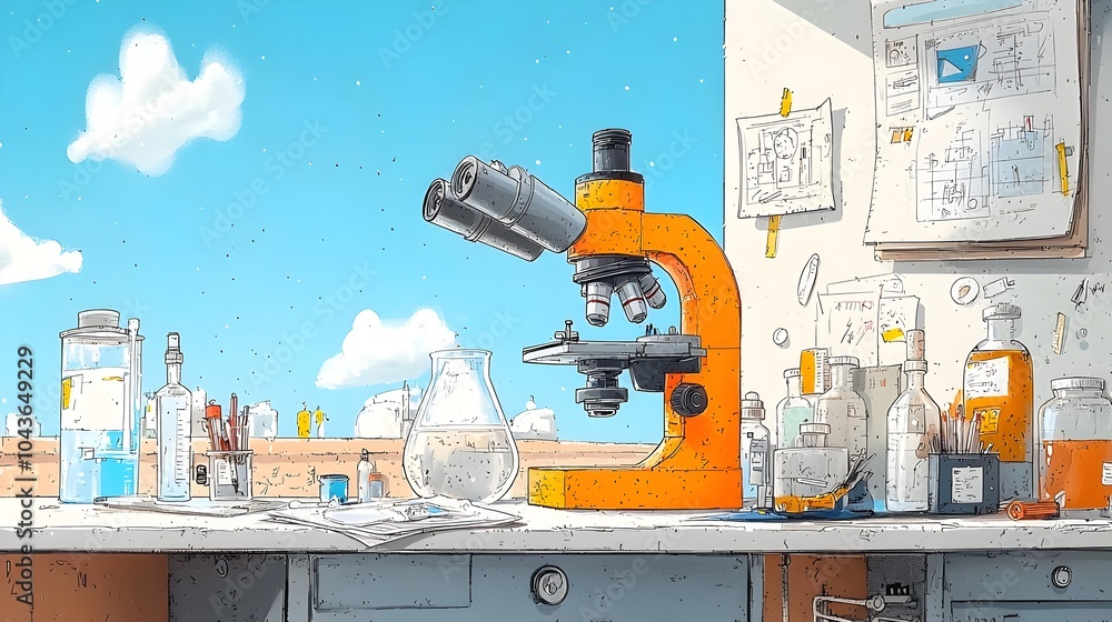 Poster cutting edge laboratory workspace with microscopes beakers flasks and other advanced scientific equi