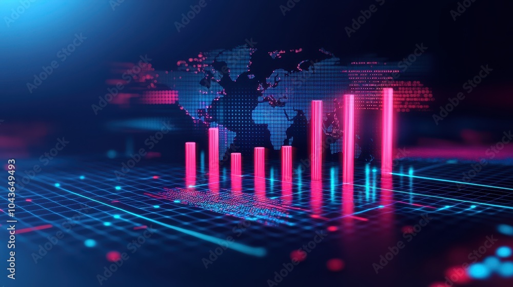 Poster abstract digital data visualization with glowing graphs over a blurry world map for financial analyt