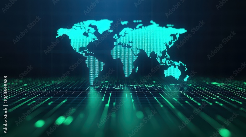 Poster digital world map with glowing lines and data connections with blurry background, showcasing modern 
