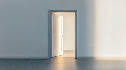 Fototapeta premium Porte blanche ouverte dans un mur blanc donnant sur une pièce avec de la lumière