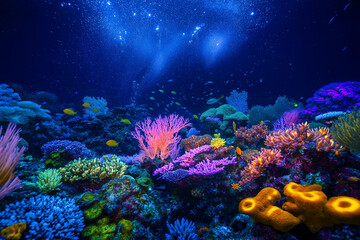 Obraz premium An underwater photo that brings to life the tranquil beauty of the deep sea, showcasing coral reefs and marine life in a serene, untouched aquatic environment.
